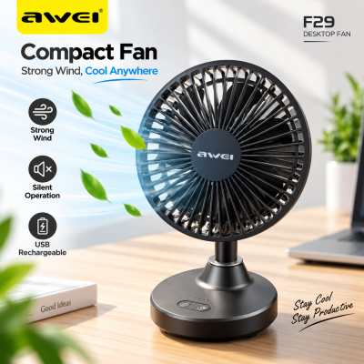 Awei F29 Compact Rechargeable Desktop Fan – 3600mAh Battery, 5.5-Inch 7-Blade Strong Airflow, 90° Auto Oscillation, Silent Brushless Motor & Type-C Charging
